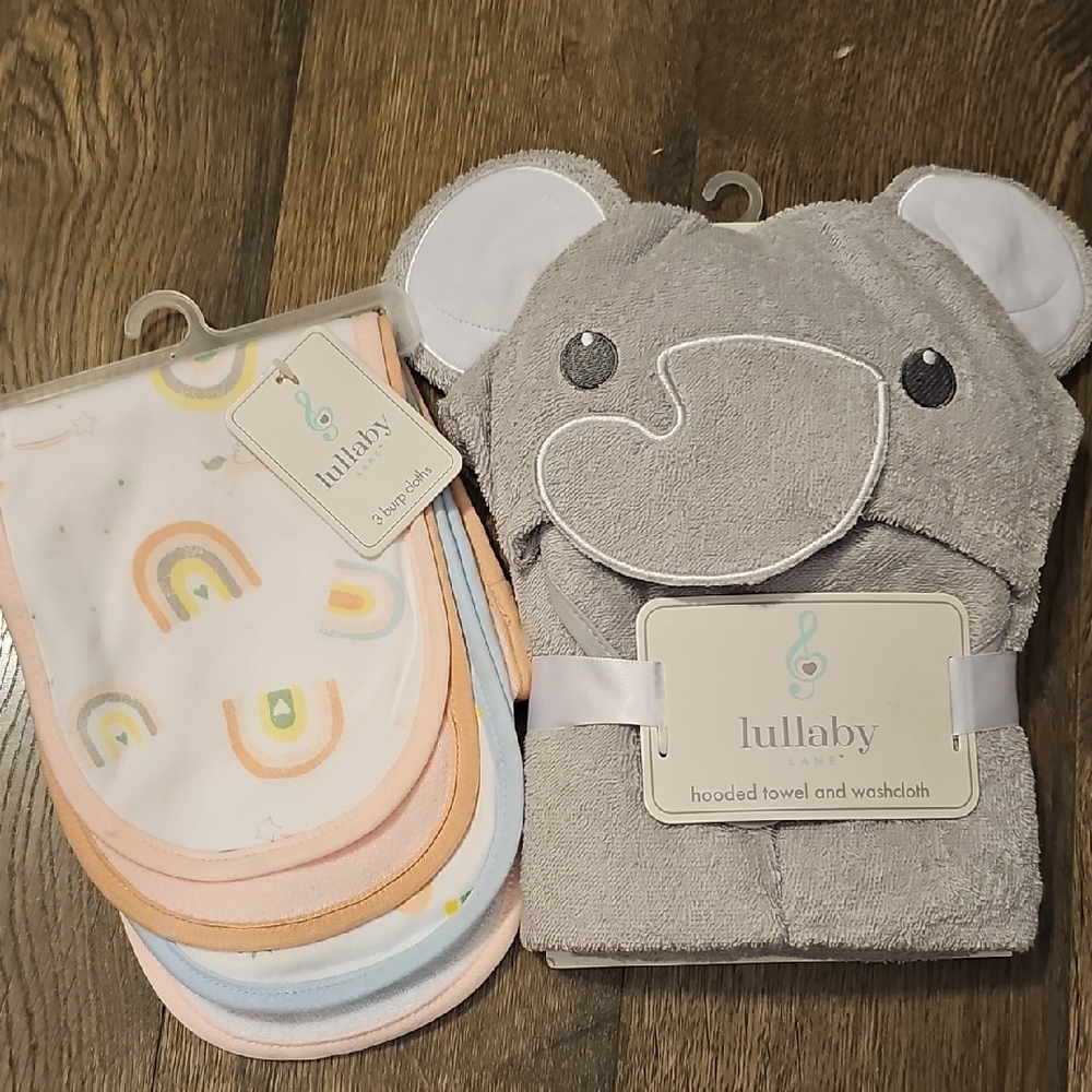 NWT Baby Gray Elephant Hooded Towel & 3 burp Cloths Unicorn Rainbow Shower  Gift